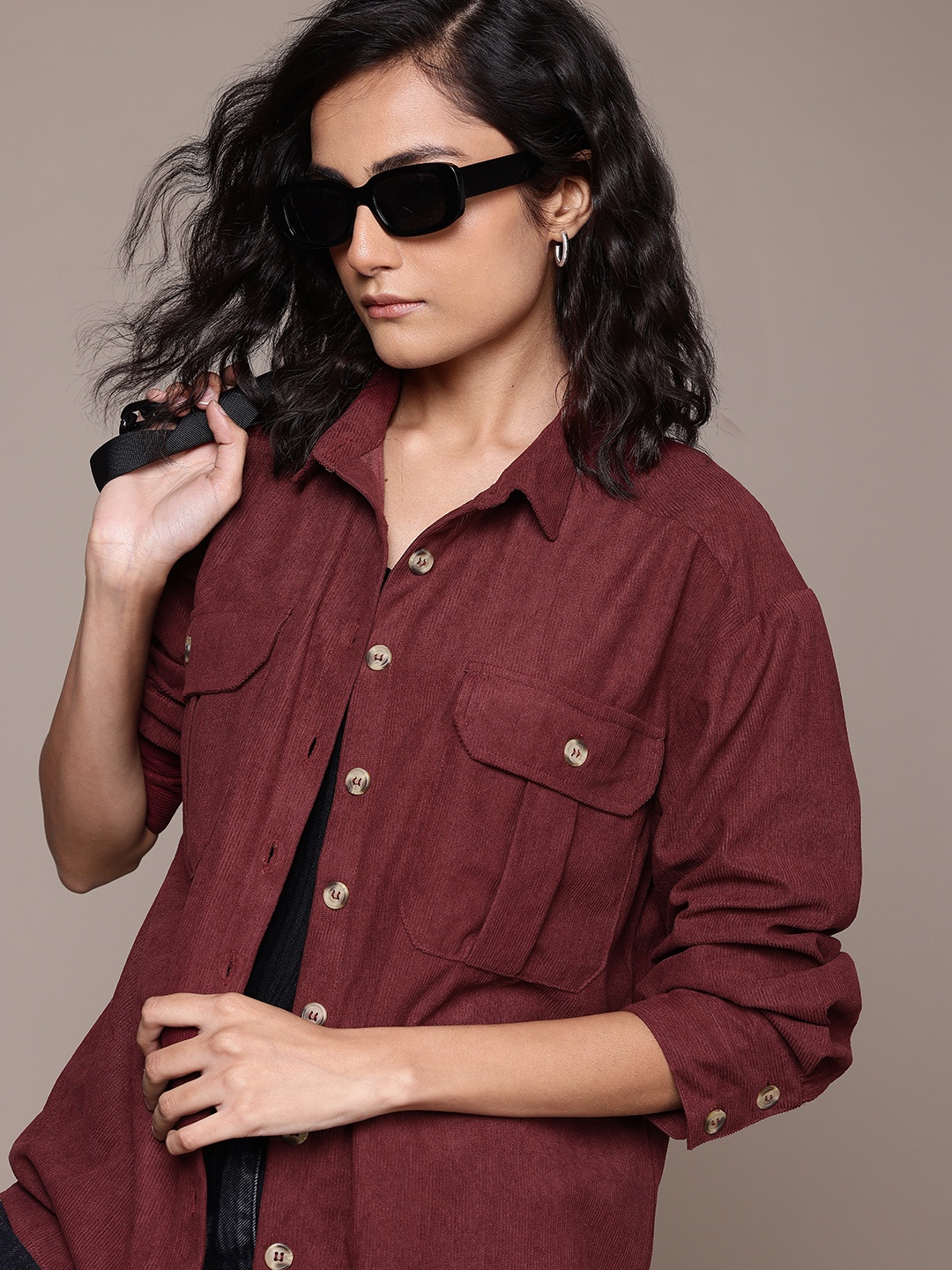 

The Roadster Lifestyle Co. Women Corduroy Casual Shirt, Burgundy