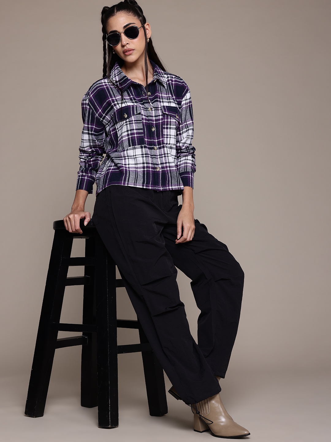 

The Roadster Lifestyle Co. Tartan Checked Pure Cotton Shacket, Purple