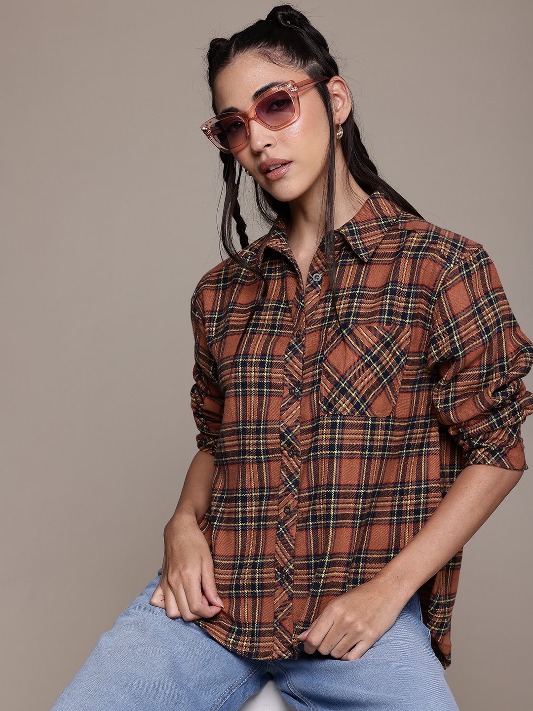 

The Roadster Lifestyle Co. Tartan Checked Pure Cotton Shacket, Rust