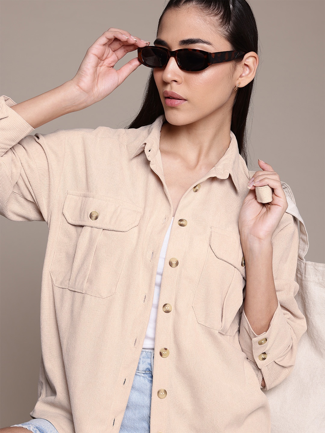 

The Roadster Lifestyle Co. Women Corduroy Casual Shirt, Beige