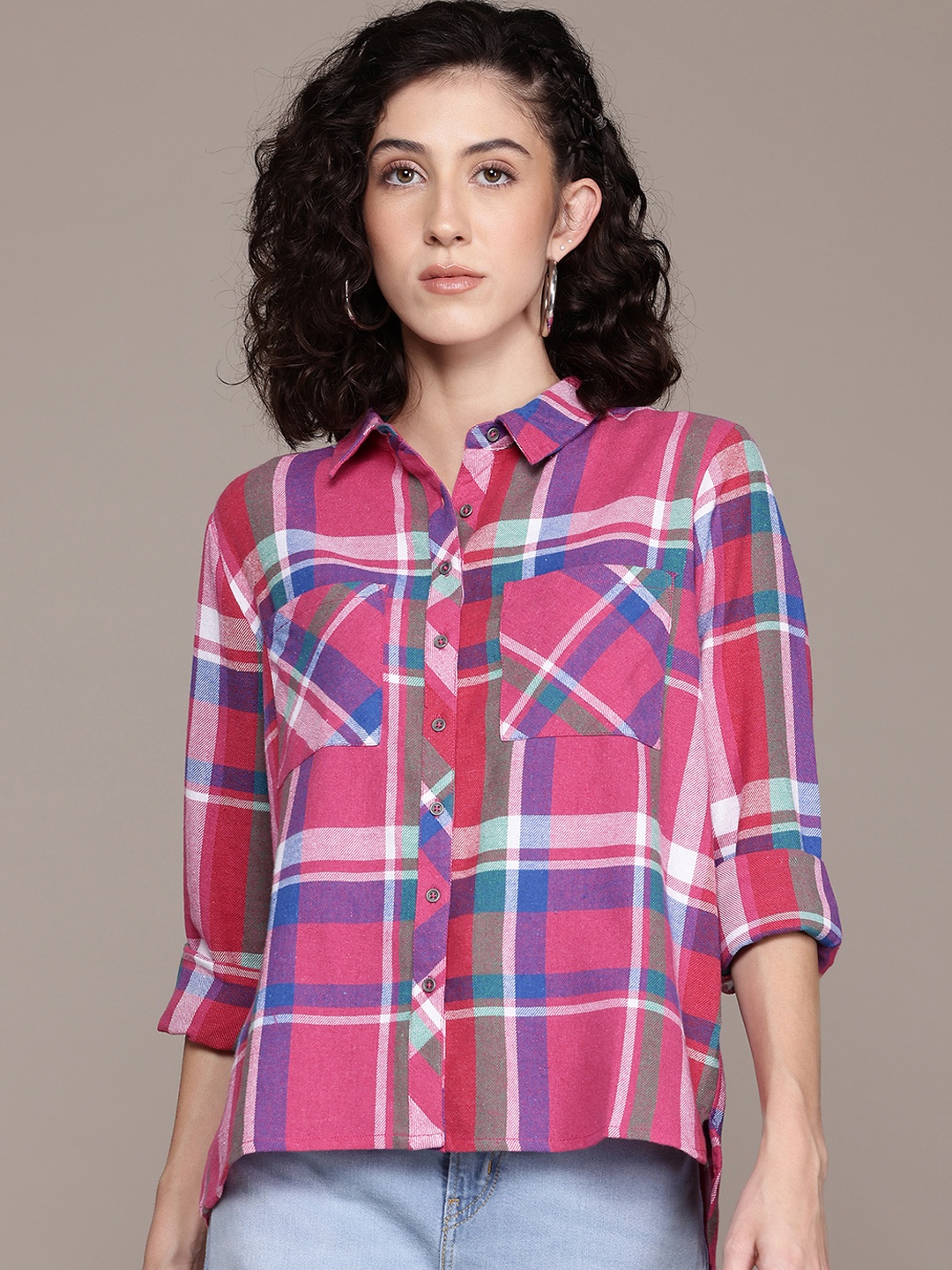 

The Roadster Lifestyle Co. Chest Pocket Detail Checked Flannel High-Low Shirt, Pink