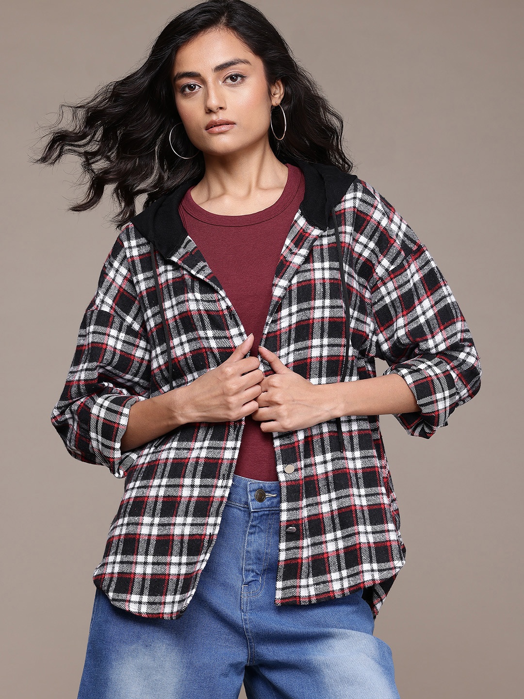 

The Roadster Lifestyle Co. Hooded Checked Flannel Pure Cotton Shacket, Black