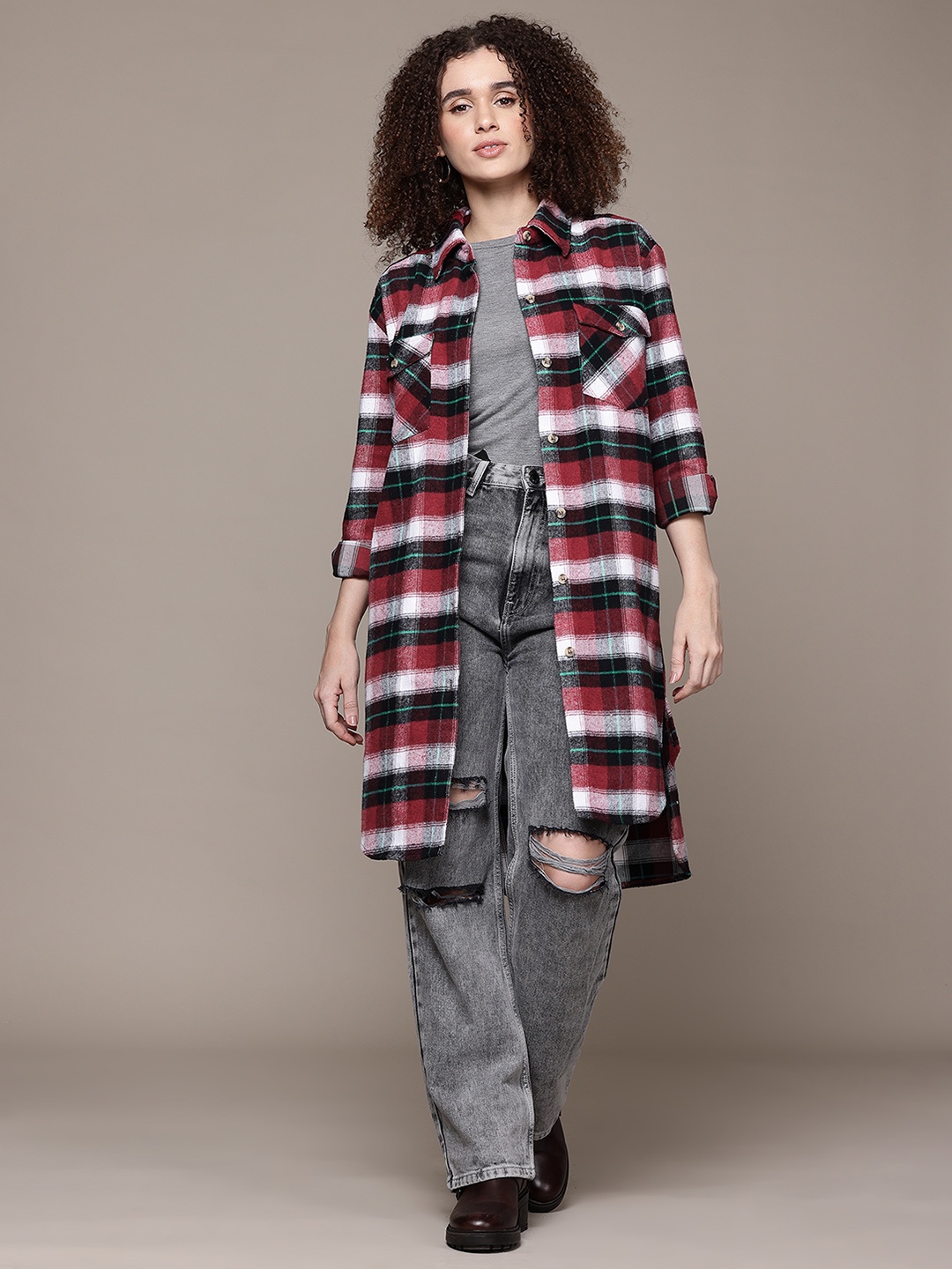 

The Roadster Lifestyle Co. Pure Cotton Flannel Checked Longline Shacket, Red