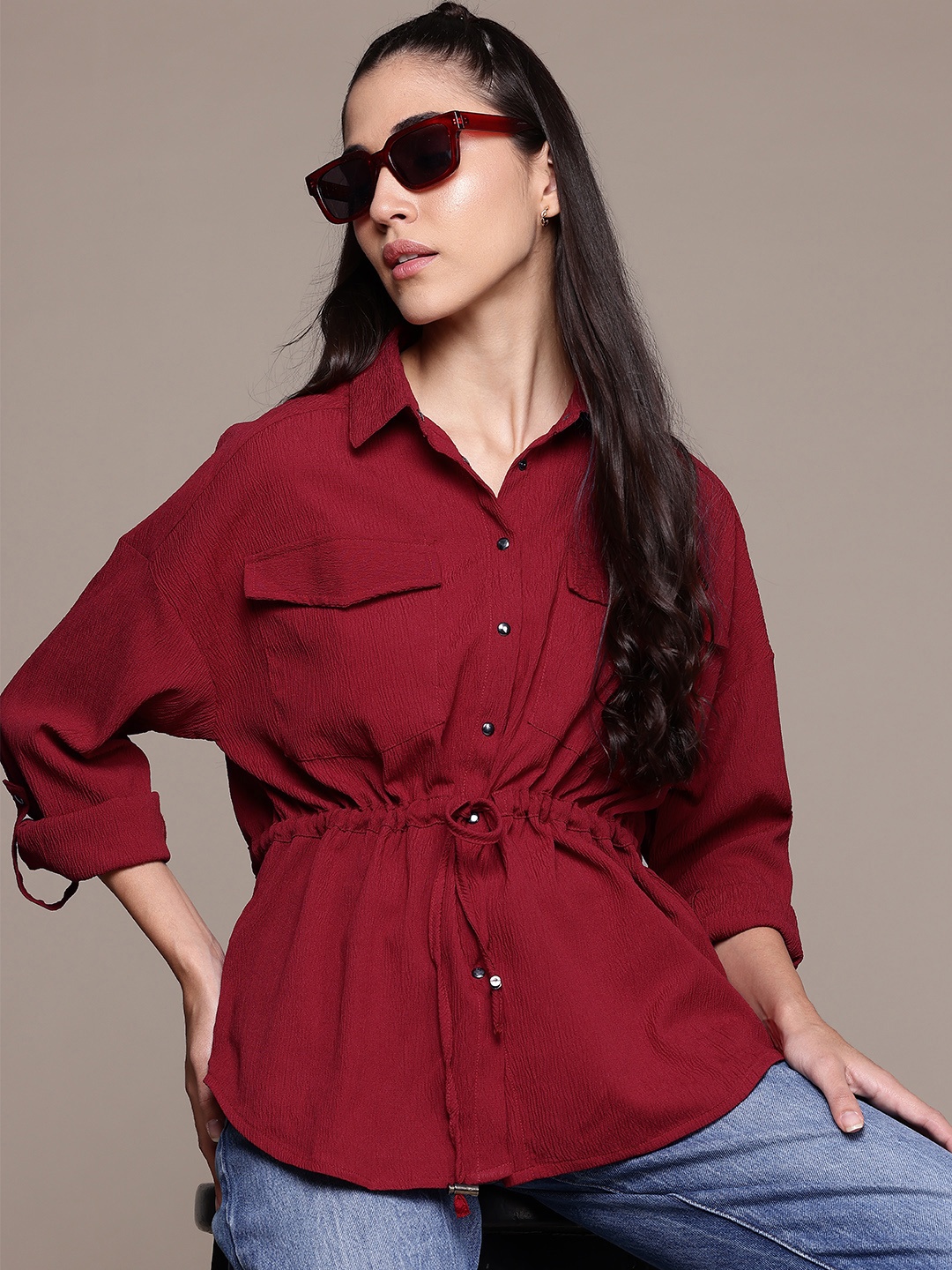 

The Roadster Lifestyle Co. Women Crinkled Belted Casual Shirt, Red
