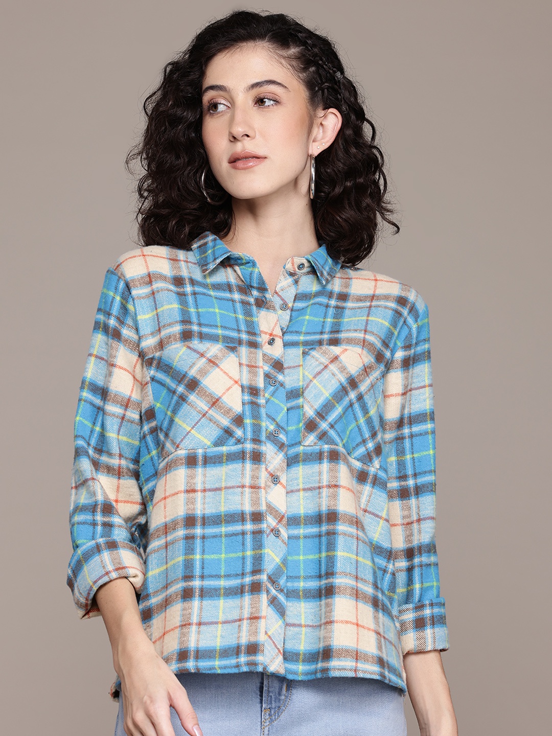 

The Roadster Lifestyle Co. Chest Pocket Detail Checked Flannel High-Low Shirt, Blue