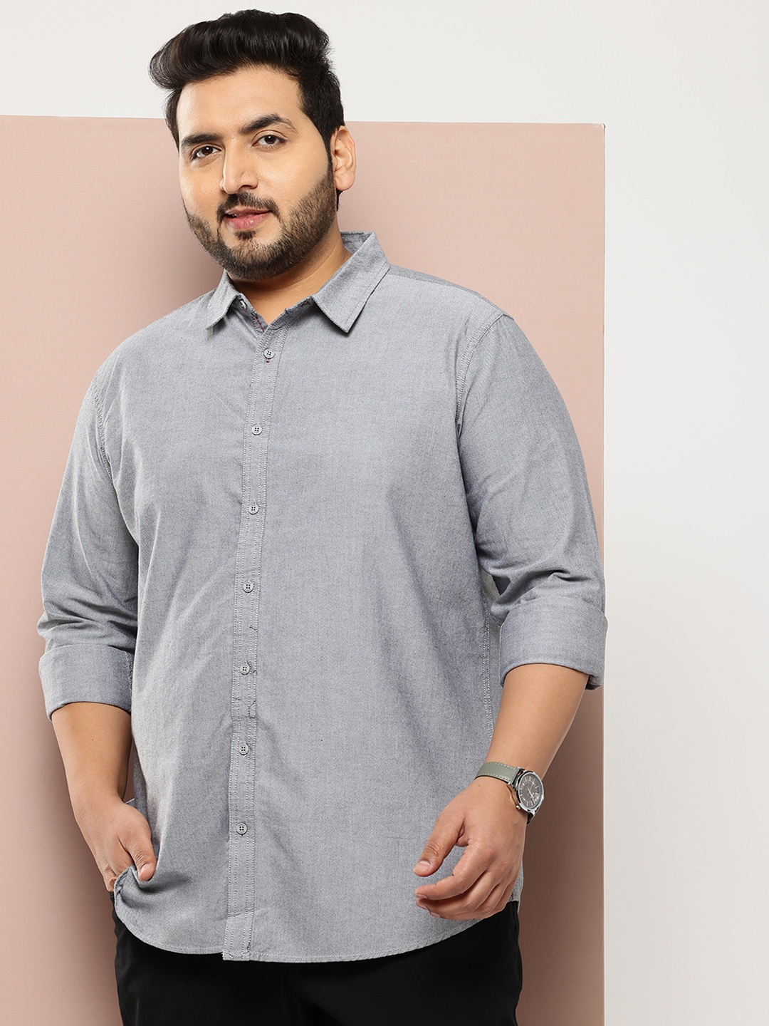 

Sztori Plus Size Textured Pure Cotton Shirt, Grey