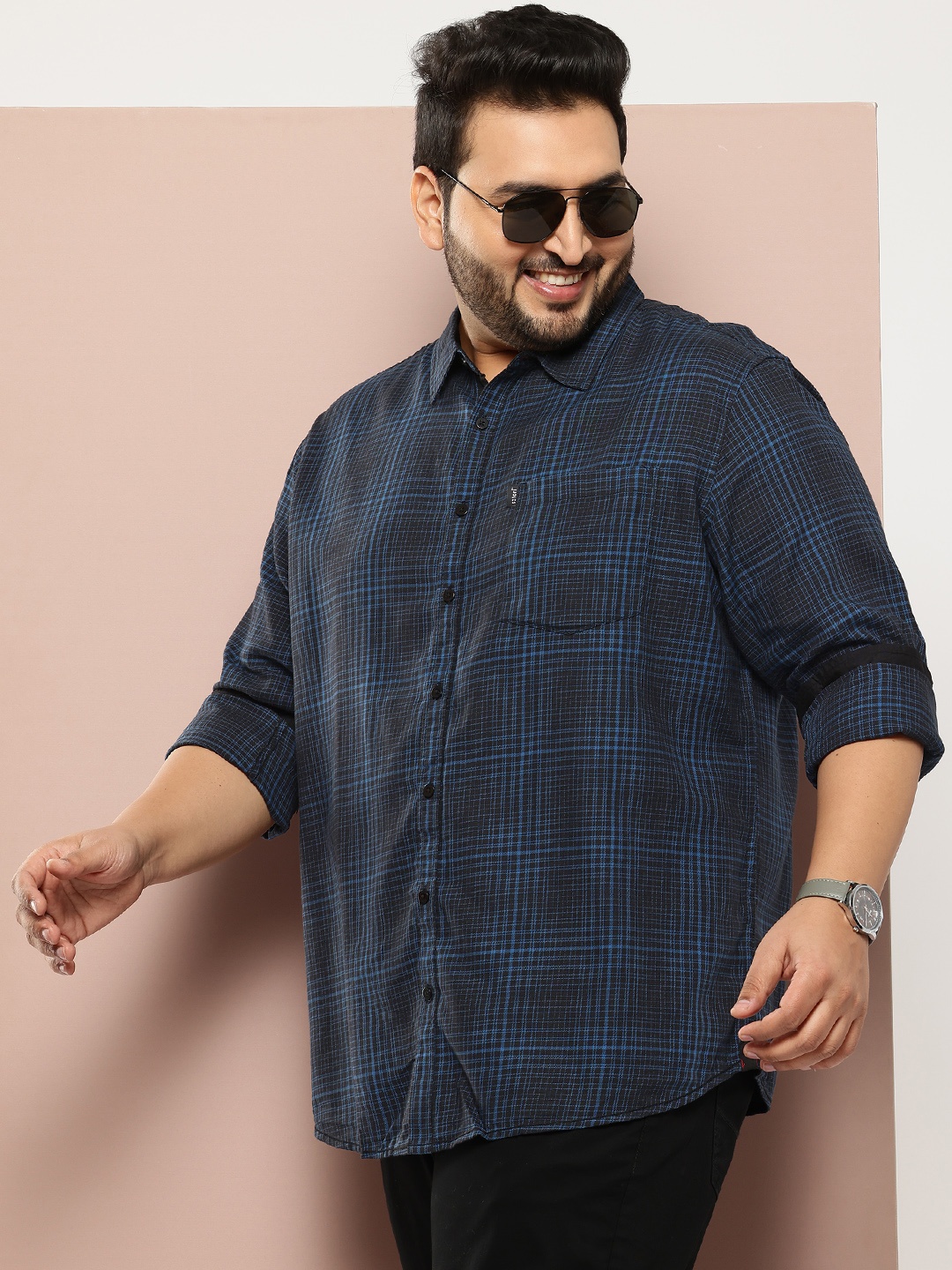 

Sztori Plus Size Pure Cotton Checked Casual Shirt, Navy blue