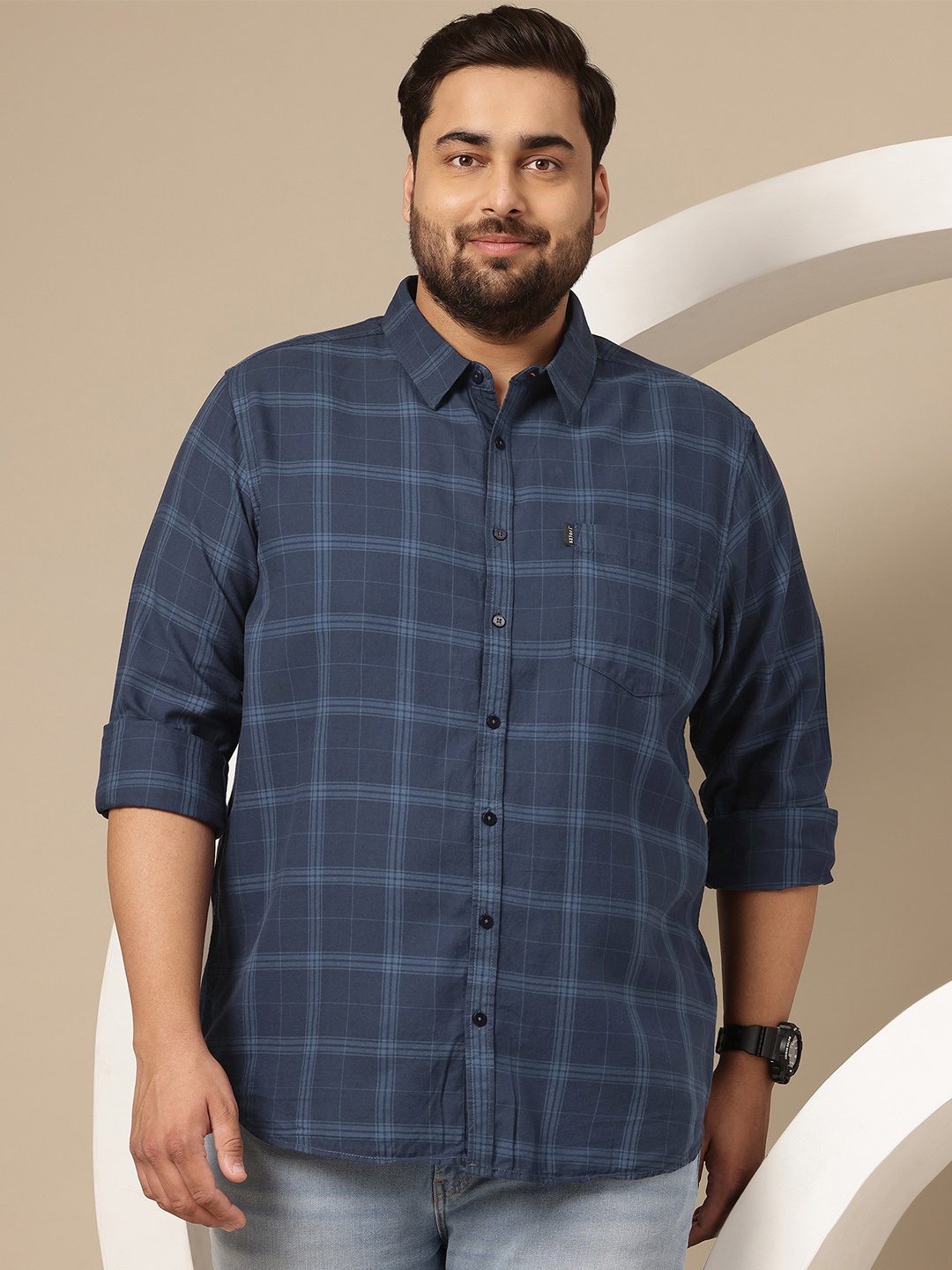 

Sztori Plus Size Tartan Checks Pure Cotton Shirt, Navy blue