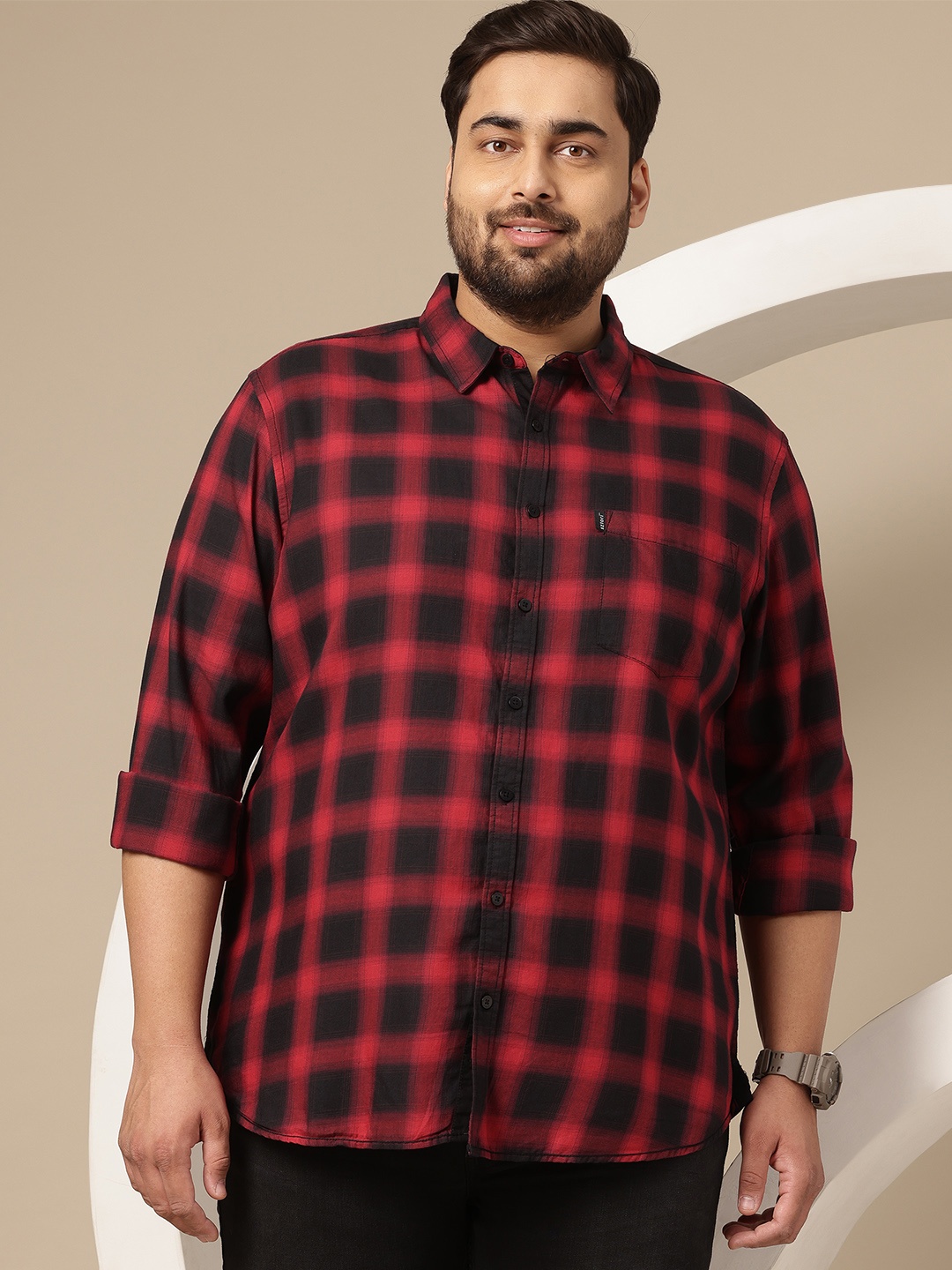 

Sztori Plus Size Buffalo Checks Pure Cotton Shirt, Red