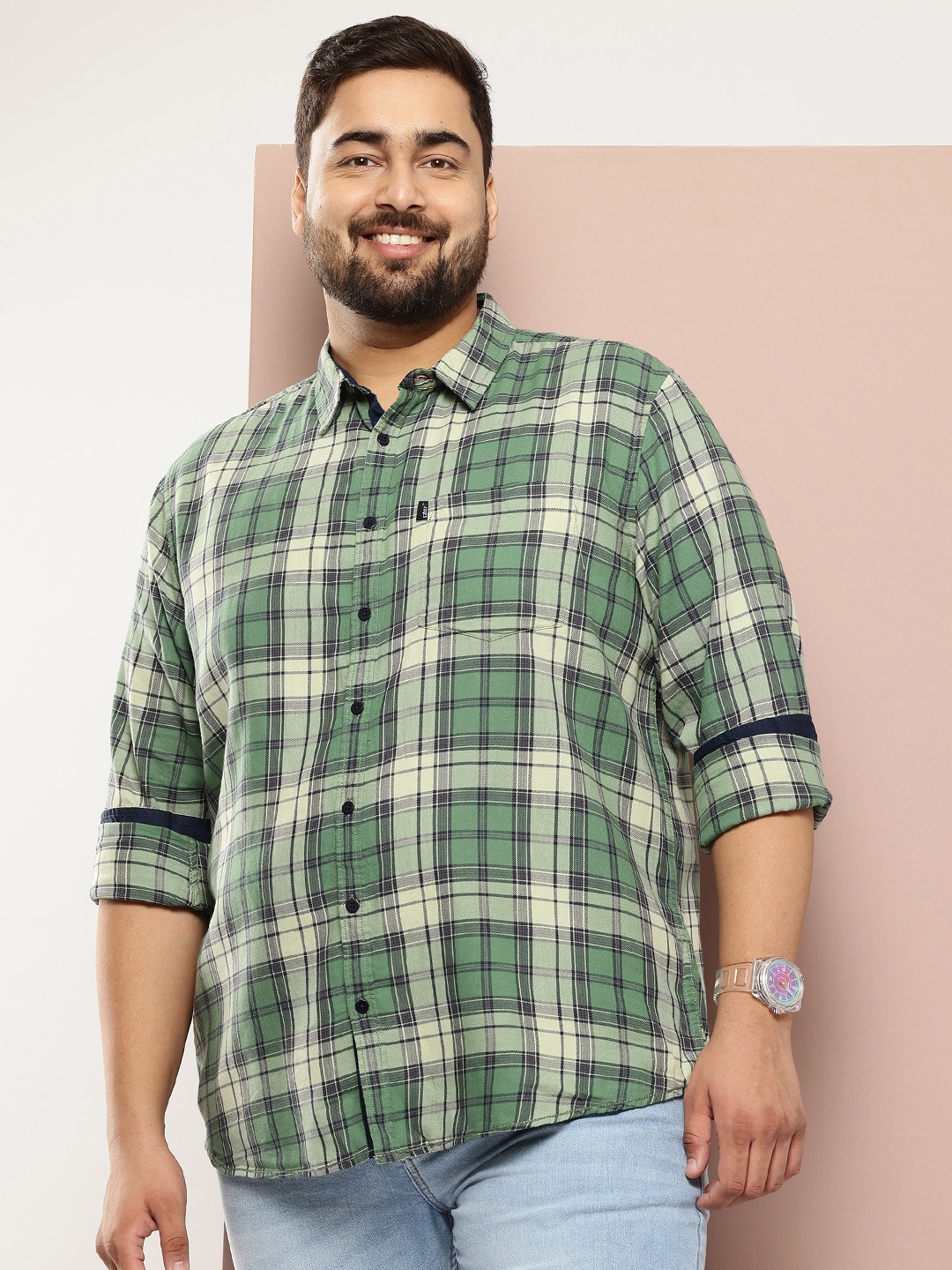 

Sztori Plus Size Pure Cotton Tartan Checked Casual Shirt, Green