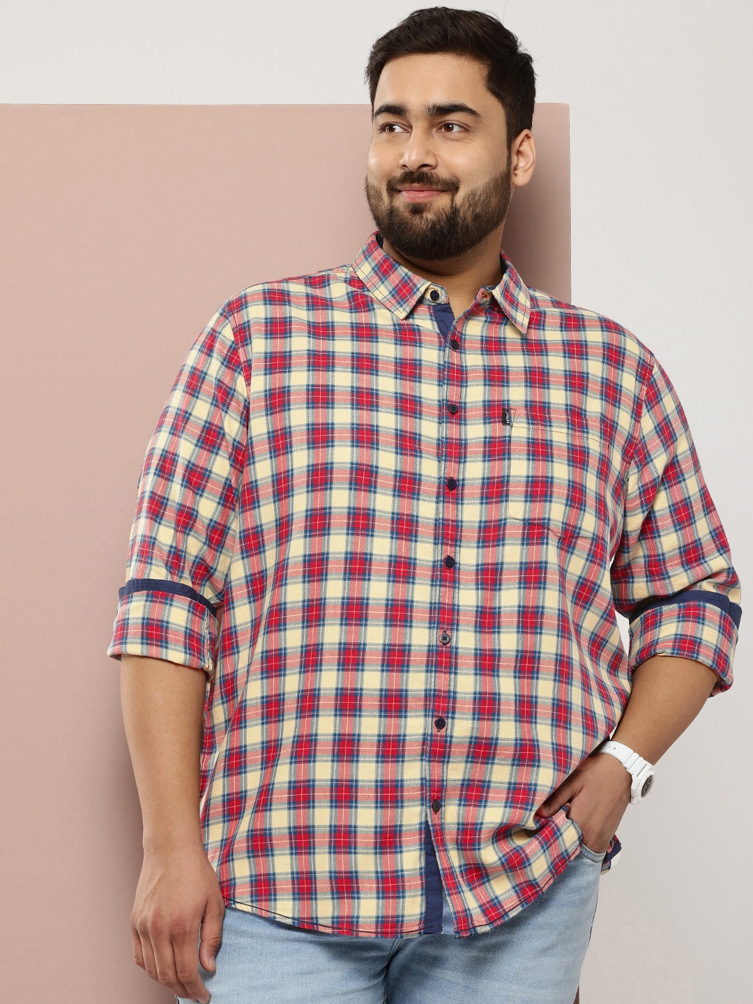 

Sztori Plus Size Pure Cotton Checked Casual Shirt, Off white