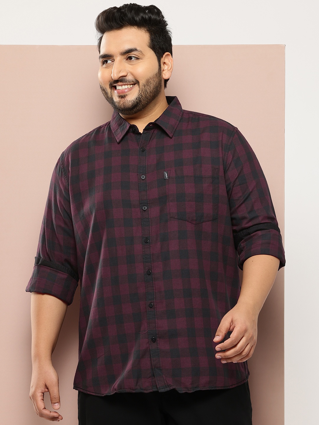 

Sztori Plus Size Pure Cotton Checked Casual Shirt, Burgundy