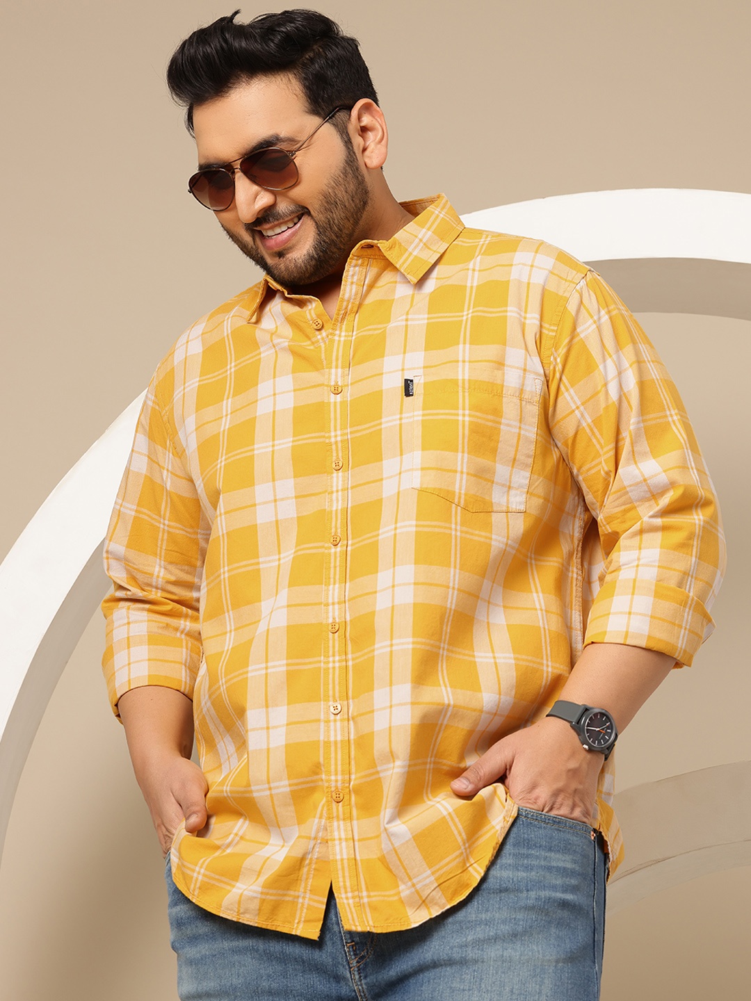 

Sztori Plus Size Checked Pure Cotton Casual Shirt, Yellow