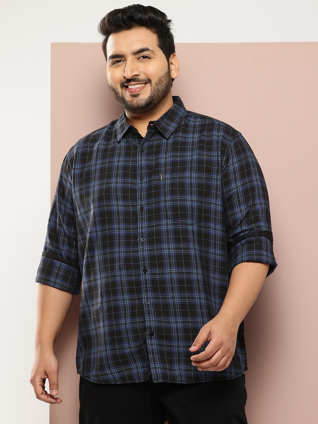 

Sztori Plus Size Pure Cotton Checked Casual Shirt, Navy blue