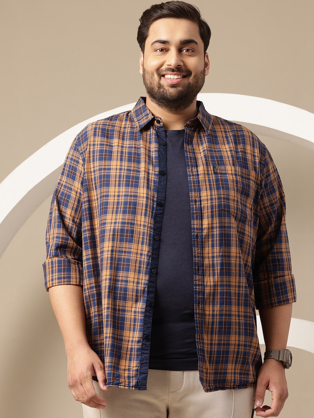 

Sztori Plus Size Checked Pure Cotton Shirt, Khaki
