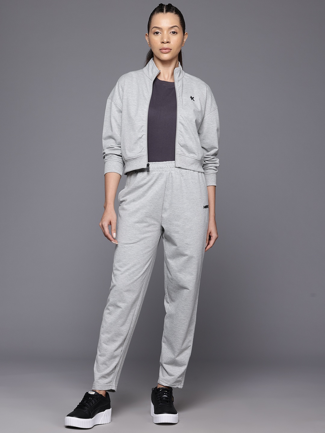 

HRX by Hrithik Roshan Brand Logo Detail Lifestyle Zip-Up Tracksuit, Grey melange