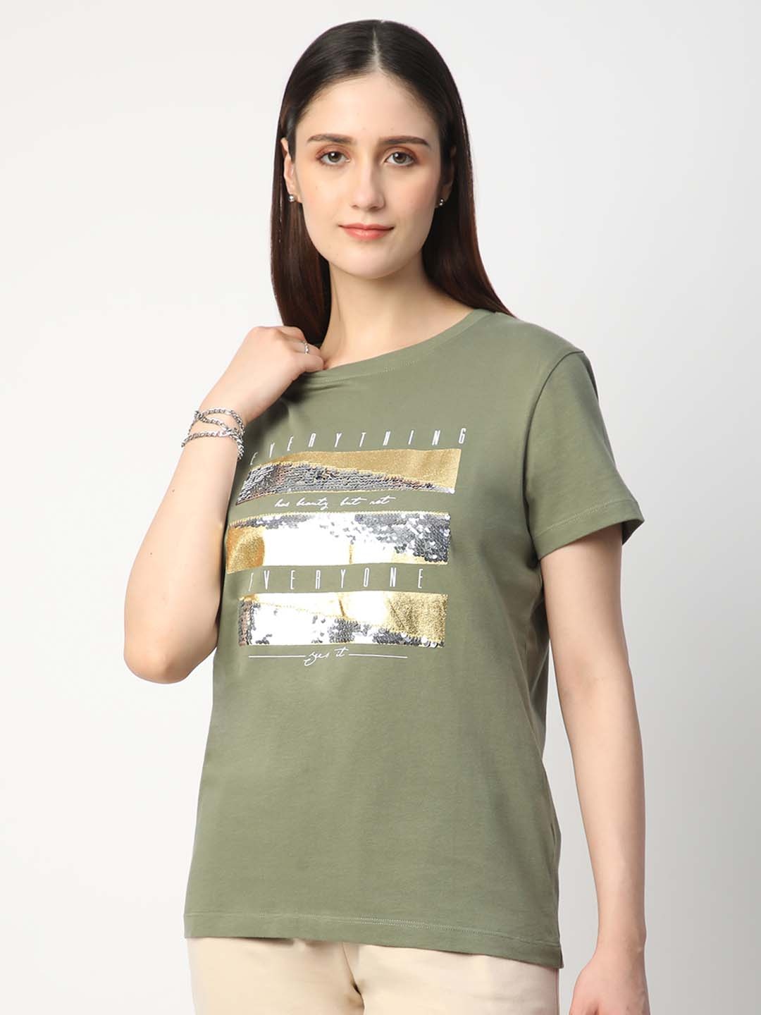 

R&B Women Graphic Printed Round Neck Cotton T-Shirt, Olive