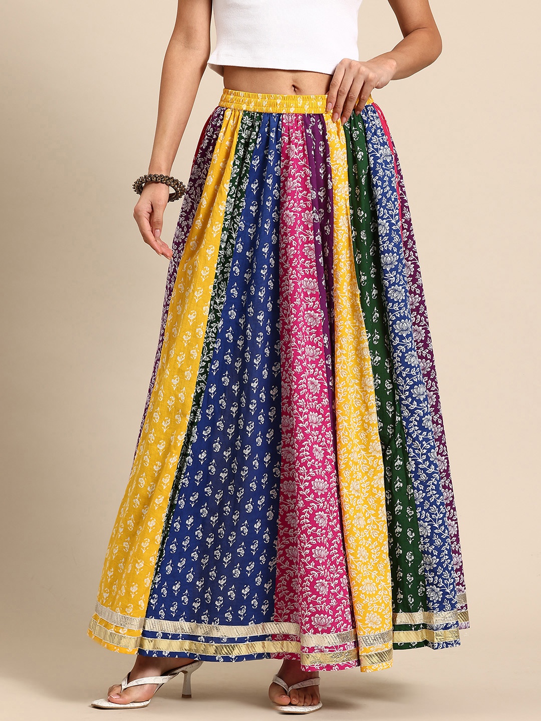 

anayna Floral Printed Pure Cotton Flared Maxi Skirt, Multi