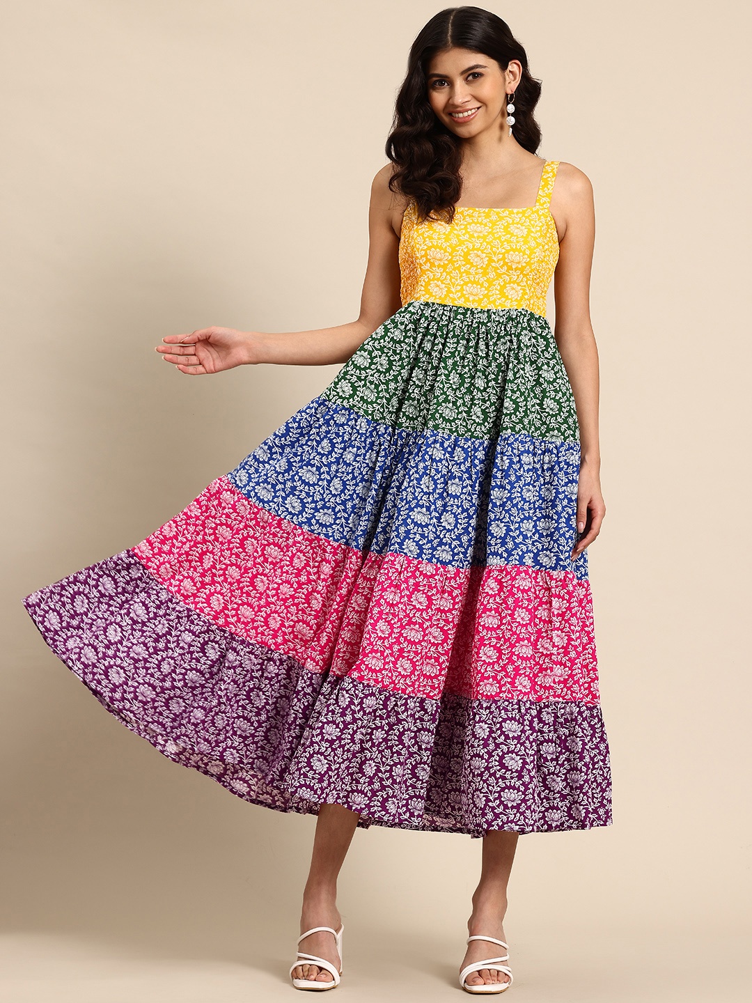 

anayna Floral Printed Tiered Fit & Flare Midi Ethnic Dress, Multi