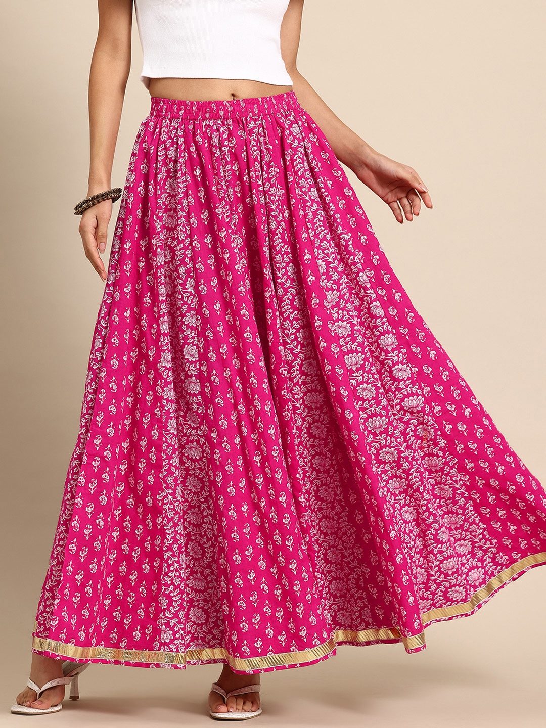 

anayna Floral Printed Pure Cotton Flared Maxi Skirt, Pink