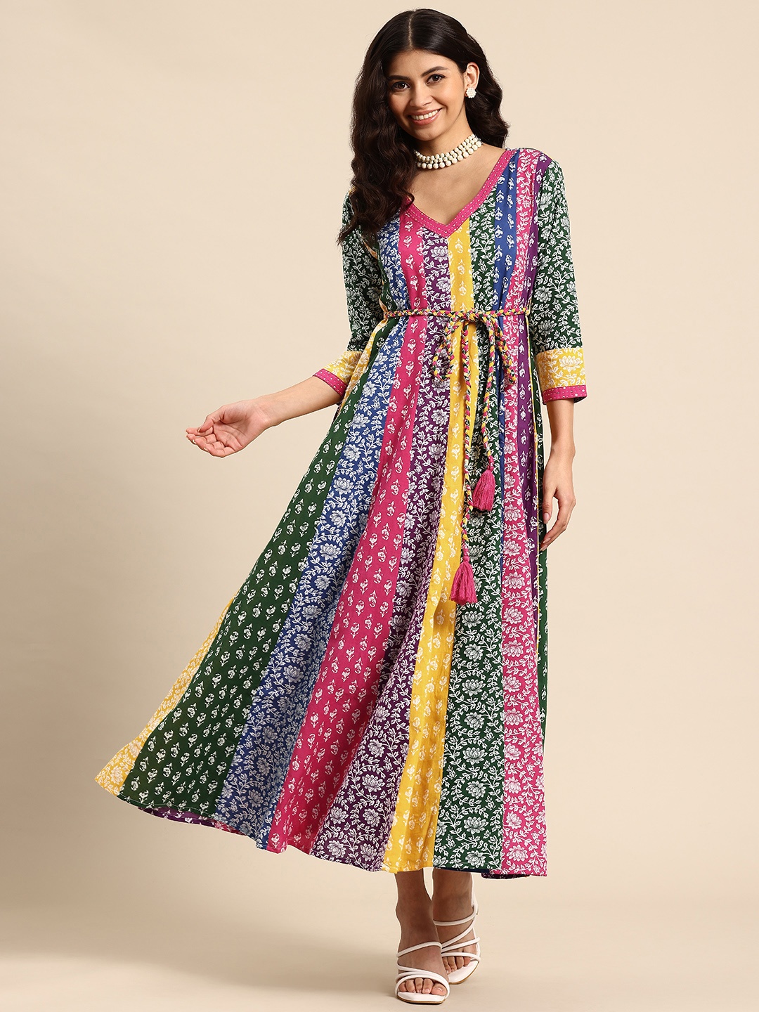 

anayna Floral Printed A-Line Maxi Ethnic Dress With Belt, Multi