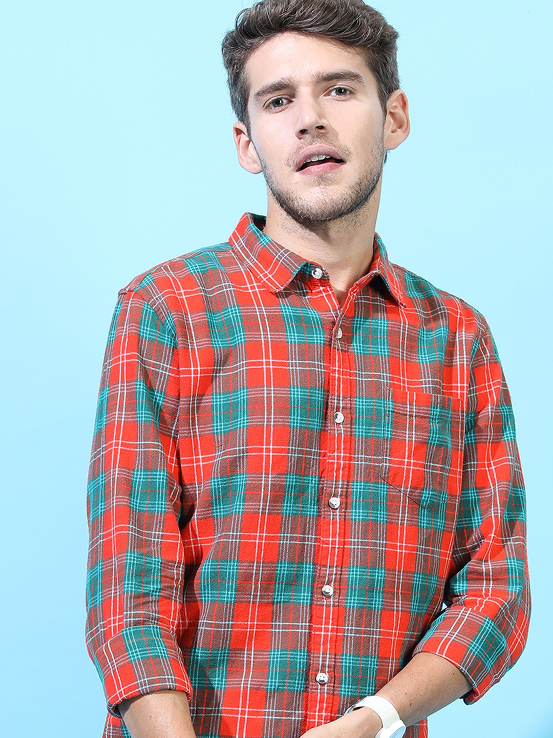 

HIGHLANDER Men Slim Fit Checked Shirt, Orange