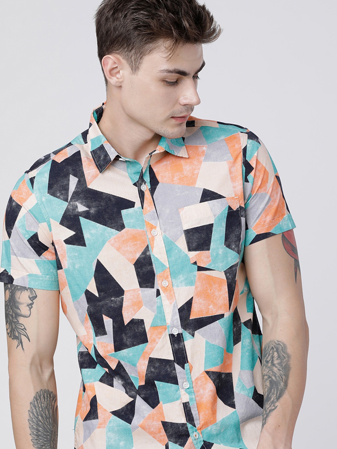 

HIGHLANDER Men Slim Fit Opaque Printed Casual Shirt, Teal
