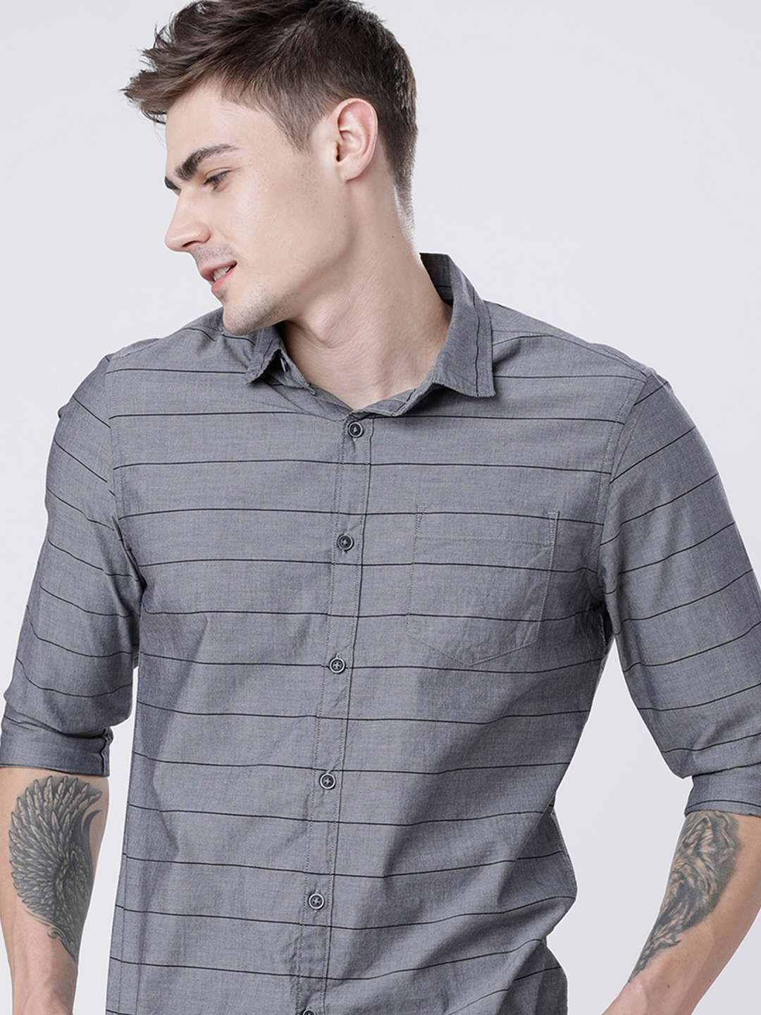 

Highlander Men Slim Fit Striped Shirt, Grey
