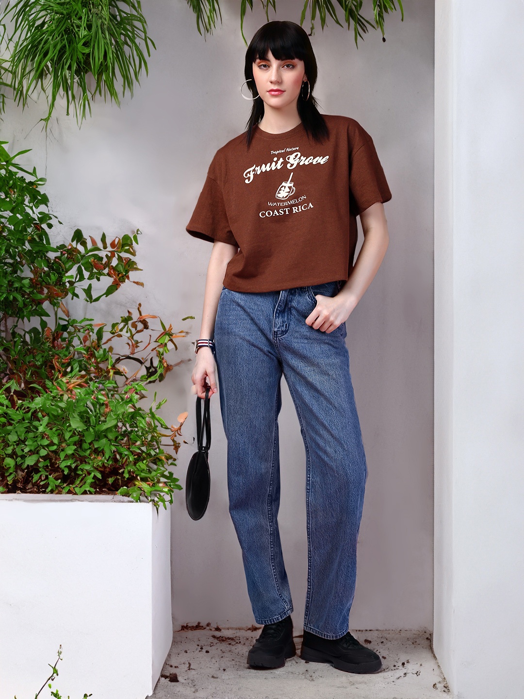 

DressBerry Women Printed Drop-Shoulder Sleeves Boxy T-shirt, Camel brown