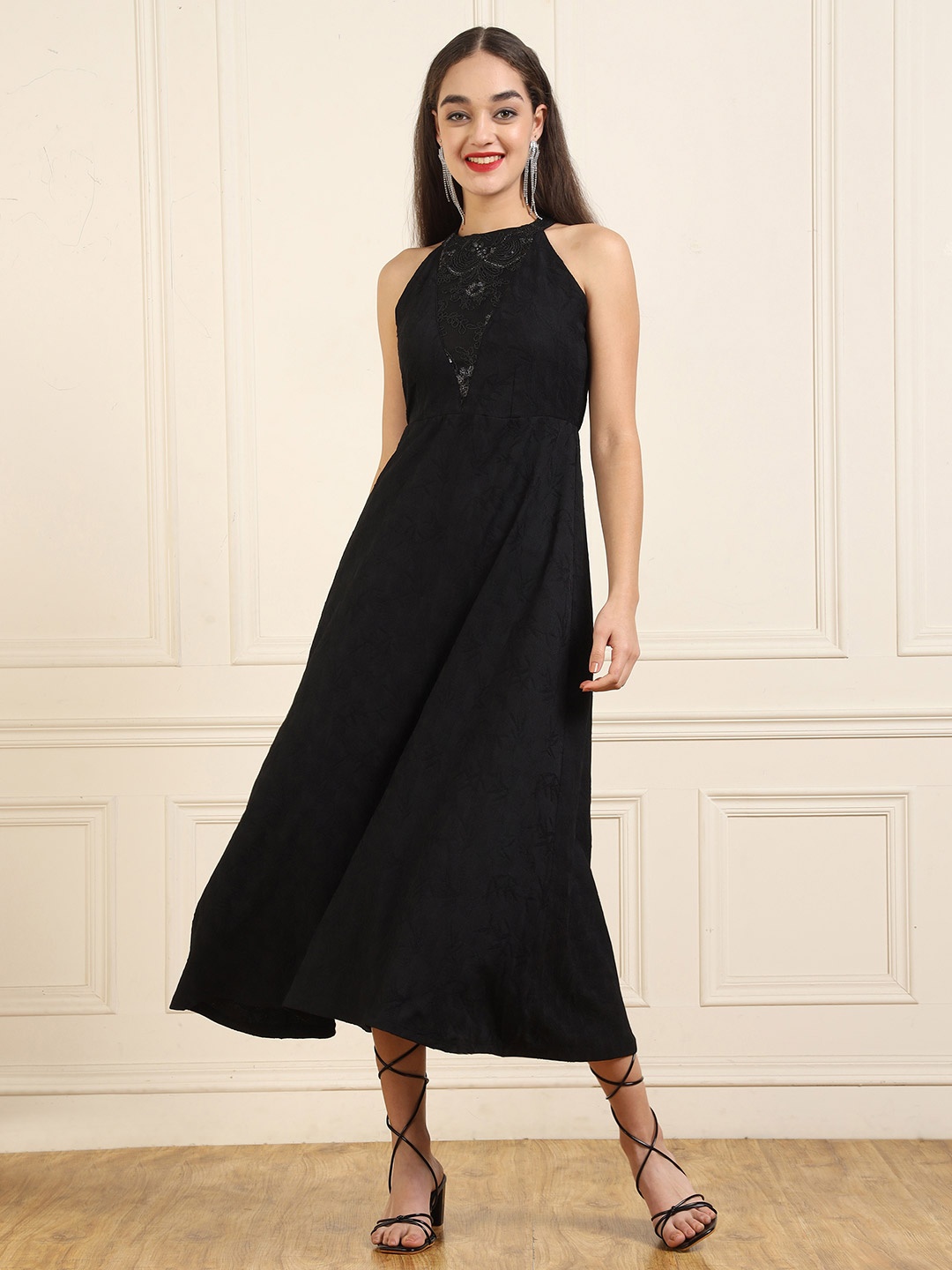 

Justin Whyte Women Solid Halter Neck Maxi Dress, Black
