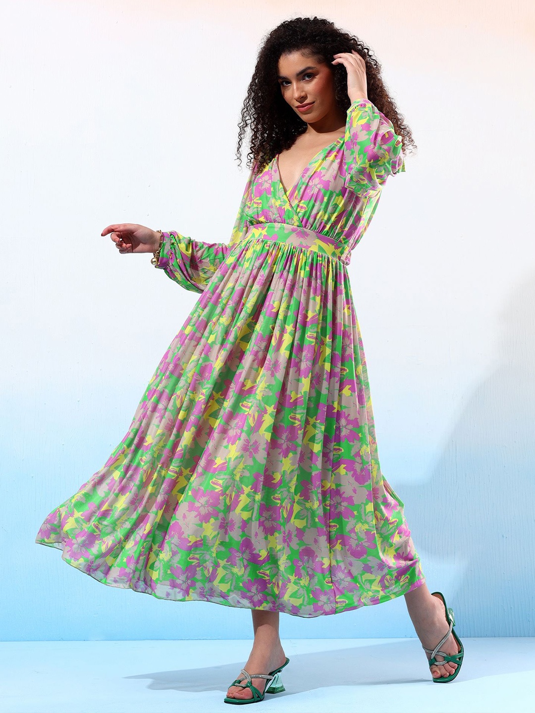 

Justin Whyte Floral Printed Net Fit & Flare Midi Dress, Fluorescent green
