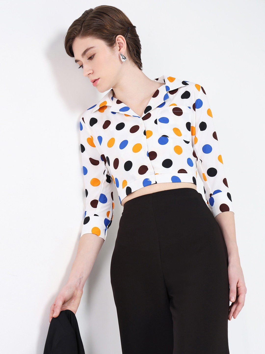 

SHOWOFF Polka Dot Print Crepe Cinched Waist Crop Top, Off white