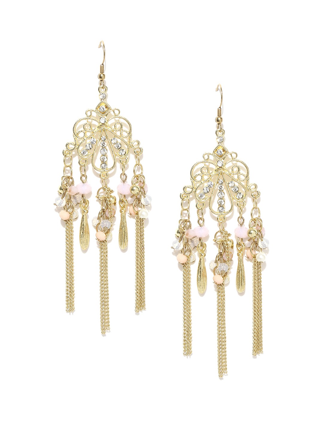 

Blueberry Gold-Toned Stone-Studded Tasselled Drop Earrings