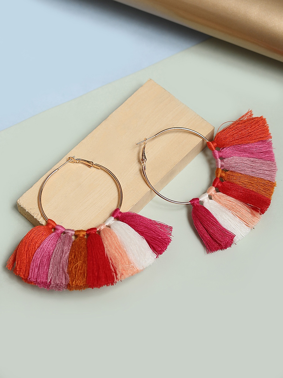 

Blueberry Pink & Orange Tasselled Circular Hoop Earrings