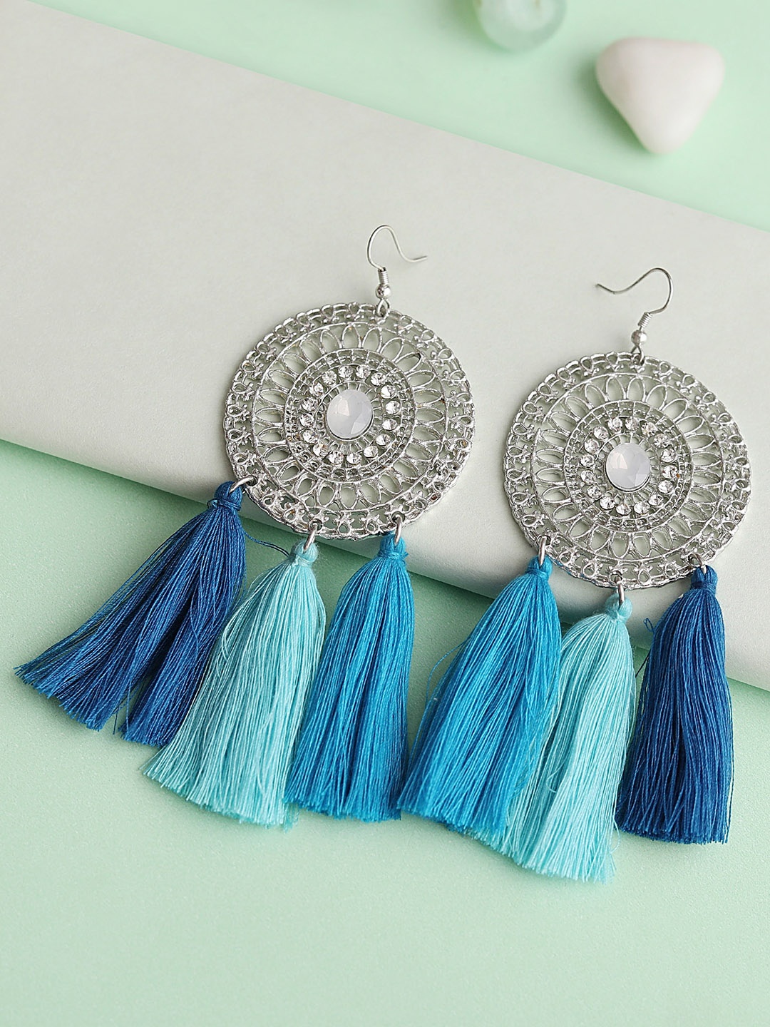 

Blueberry Blue & Silver-Toned Tasselled Drop Earrings