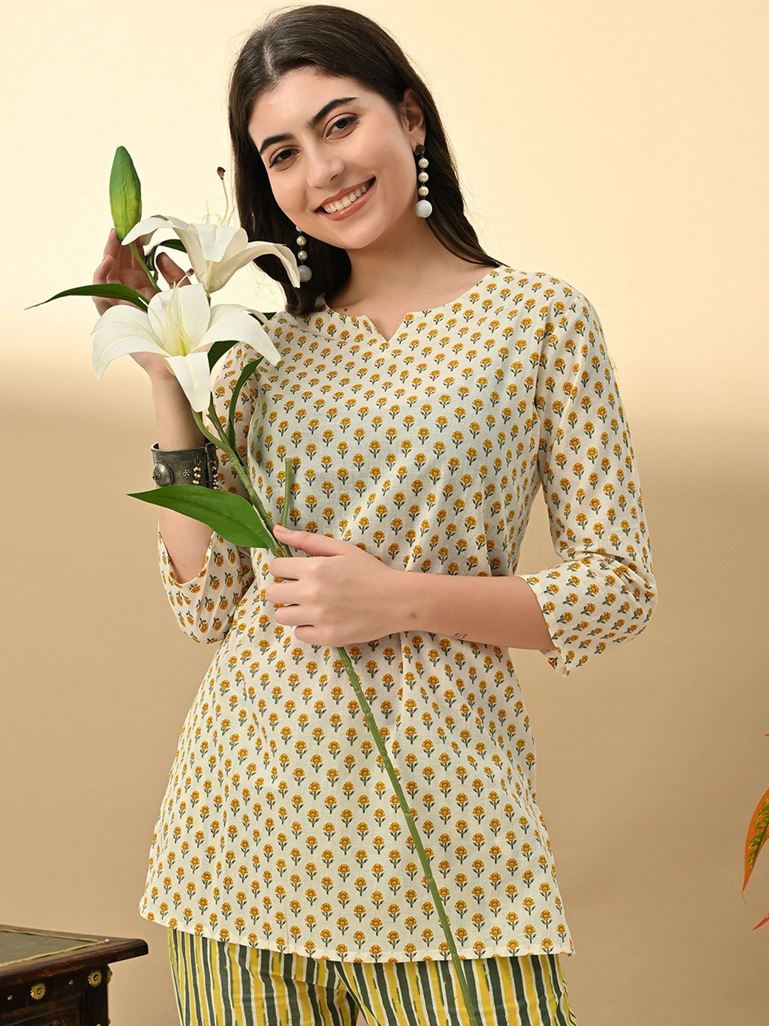 

AVYCO Floral Printed Pure Cotton Tunic With Trousers, Yellow