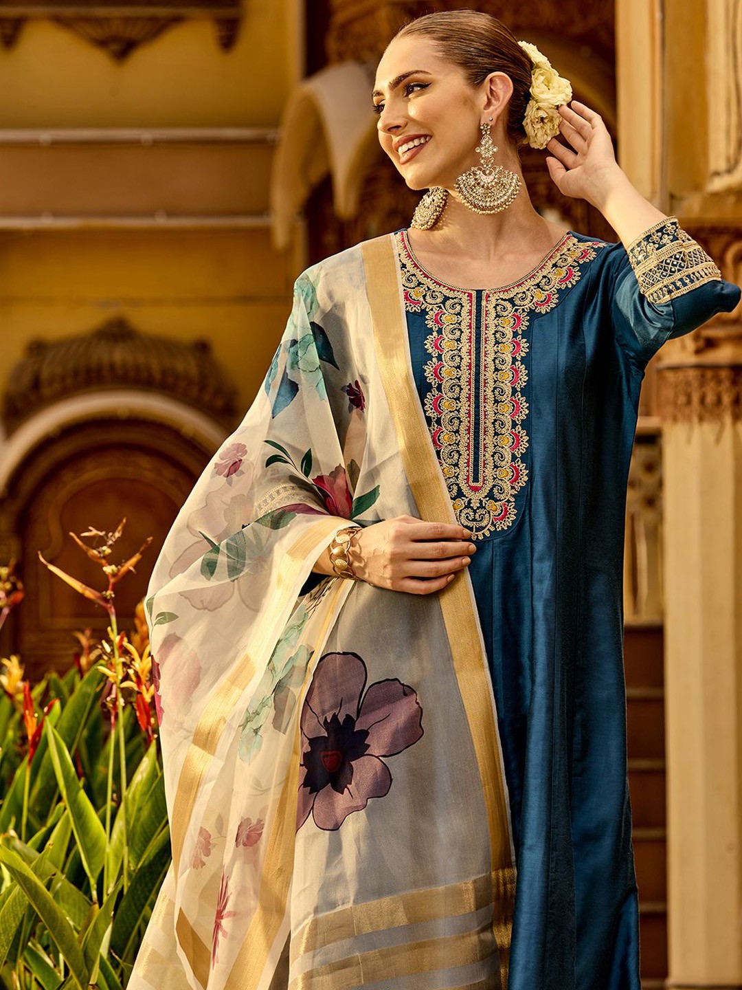 

Ishin Floral Embroidered Thread Work Kurta with Trousers & Dupatta, Navy blue