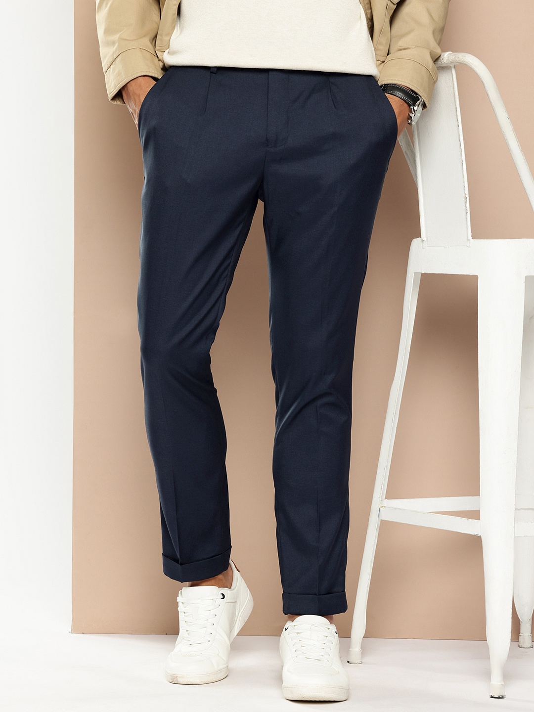 encore by INVICTUS Men Regular Smart Casual Trousers, Navy blue