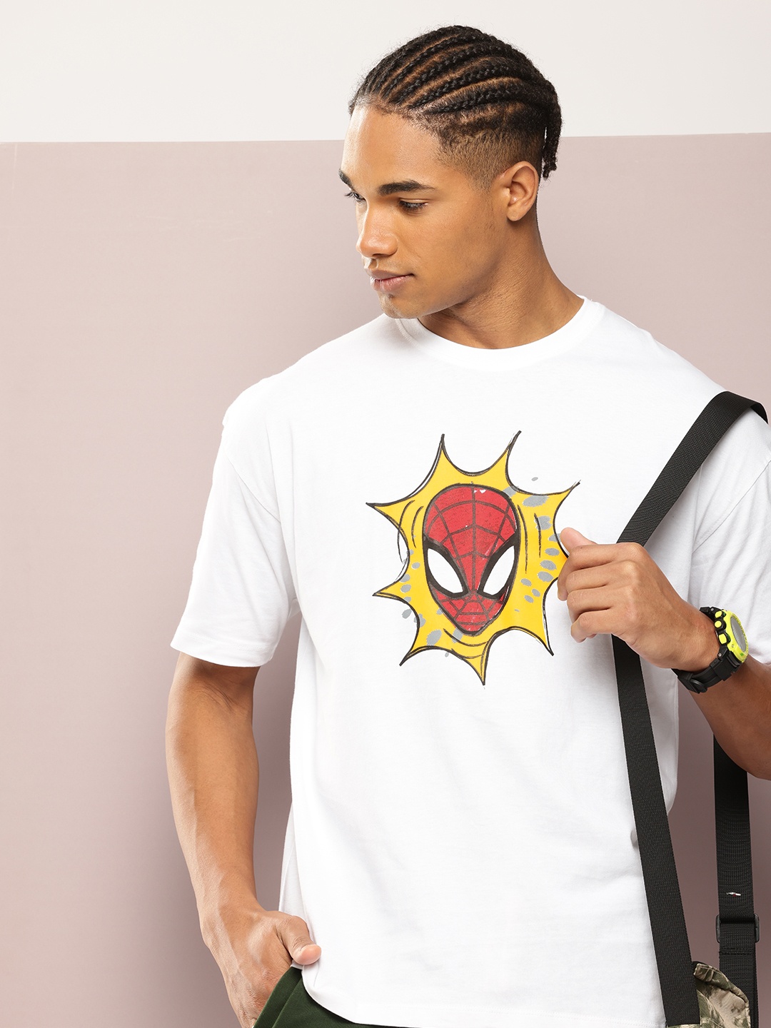 

Kook N Keech Men Spiderman Printed Drop-Shoulder Sleeves Oversized Pure Cotton T-shirt, White