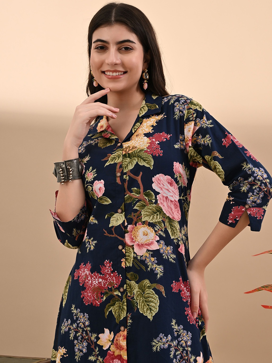 

AVYCO Printed Pure Cotton Tunic With Trouser, Navy blue