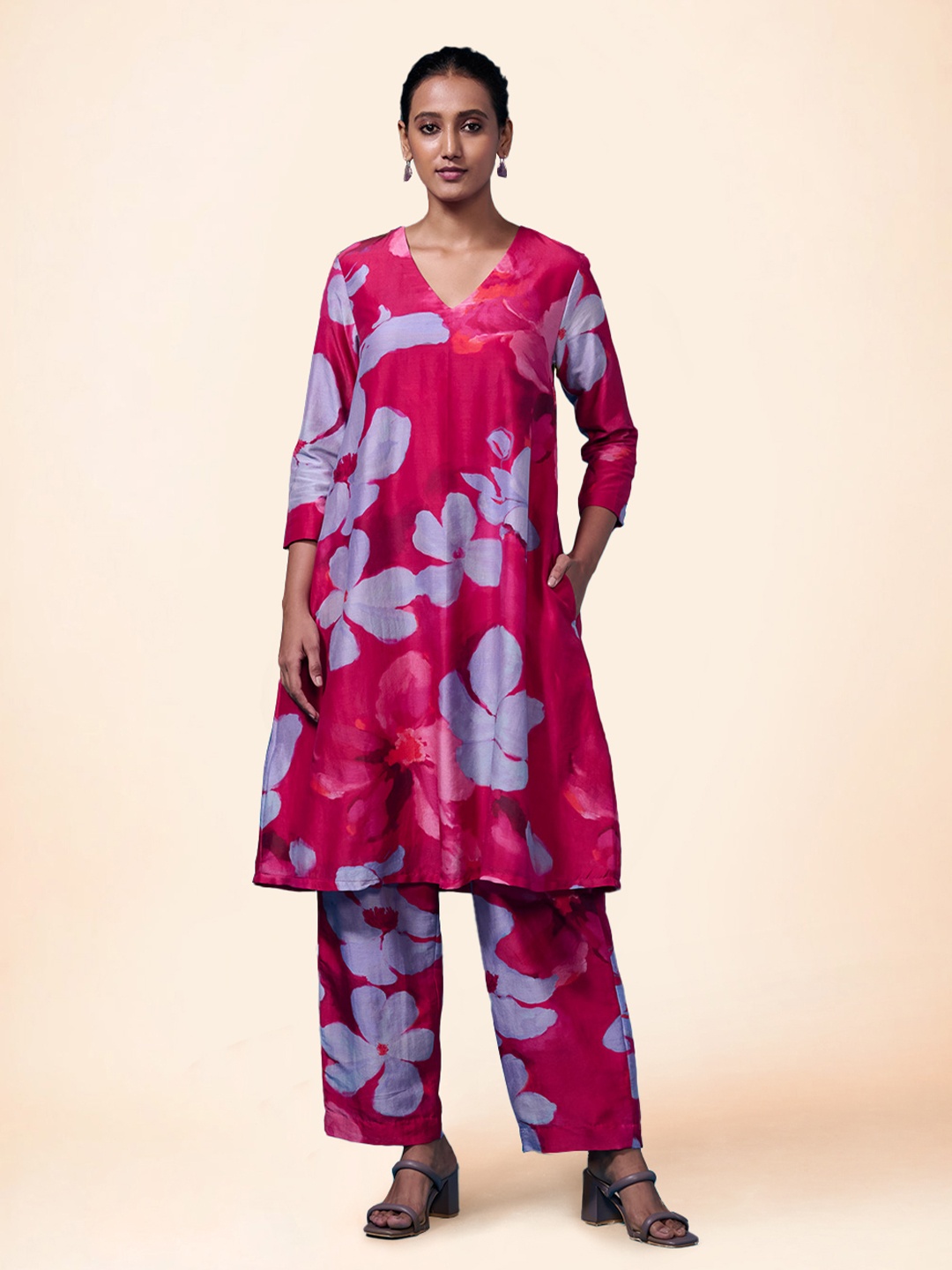 

Dressfolk Floral Printed V-Neck Tunic & Trousers, Pink