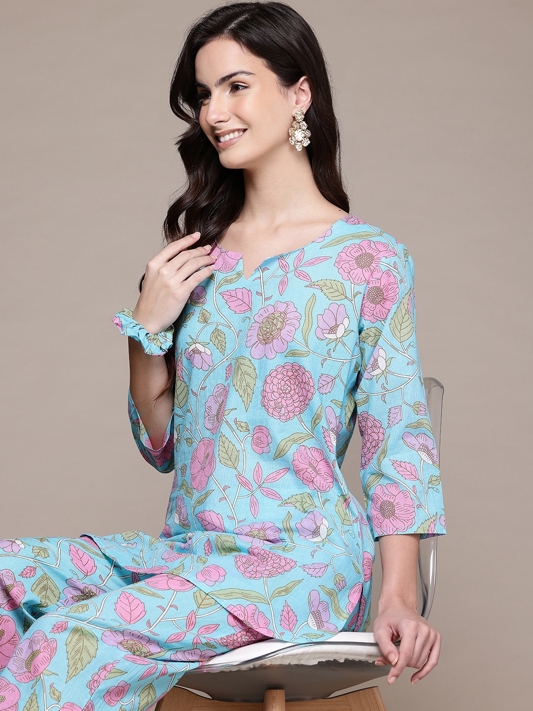 

Readiprint Floral Printed Cotton Top & Trousers With Scrunchie, Blue