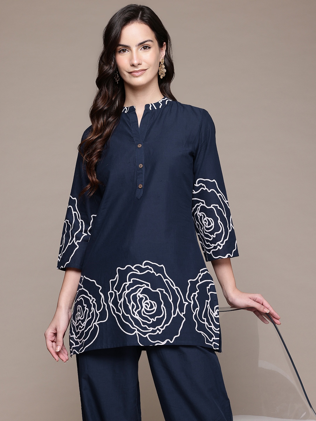 Readiprint Women Floral Printed Pure Cotton Kurta with Palazzos, Navy blue