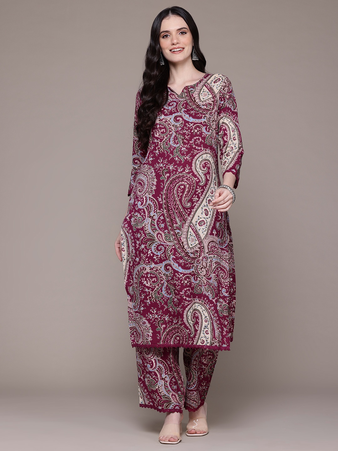 

Readiprint Ethnic Motifs Printed Pure Cotton Kurta with Palazzos, Burgundy