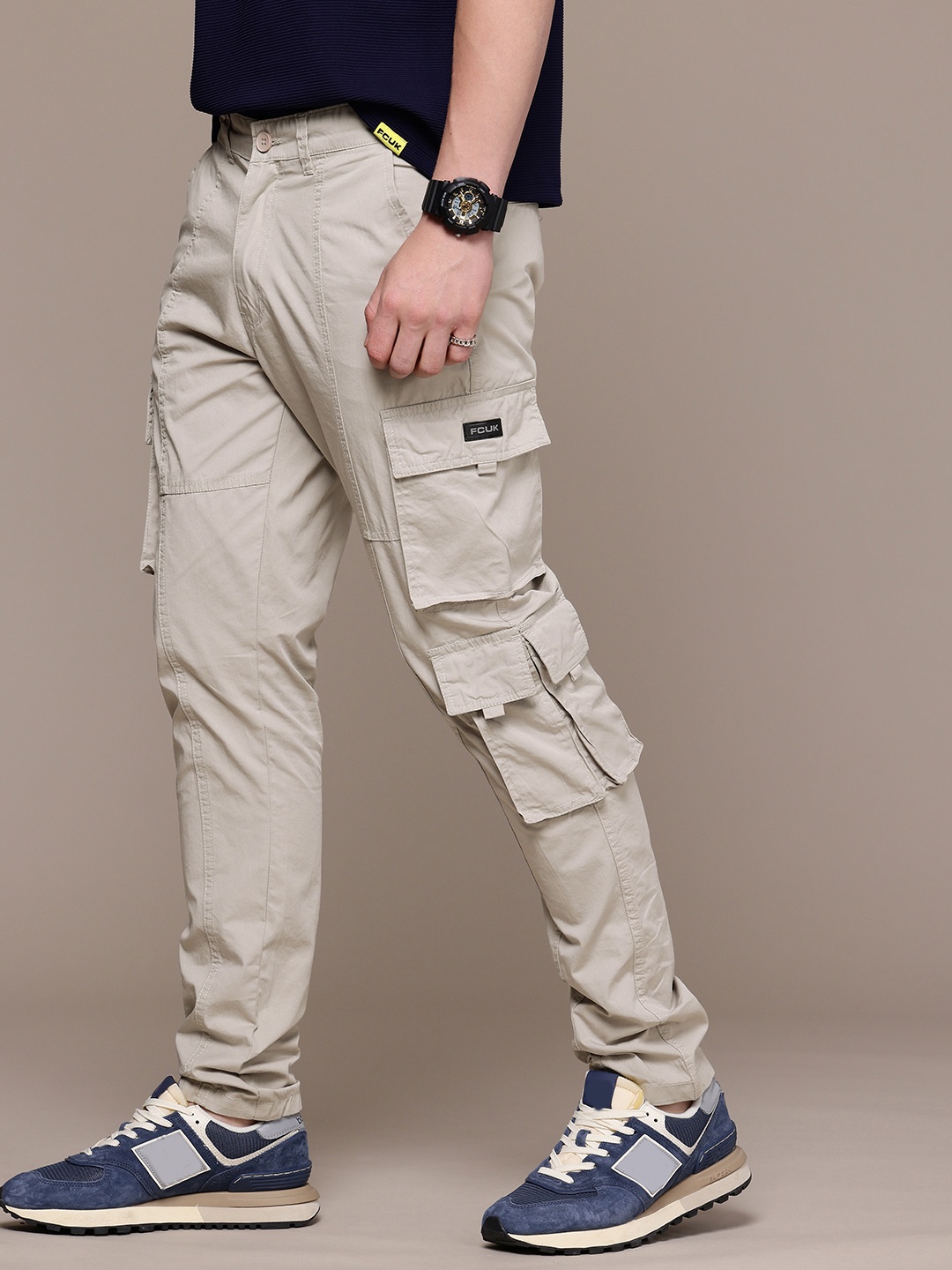 

FCUK Men Pure Cotton Relaxed Fit Chinos Parachute Cargo Trousers, Grey