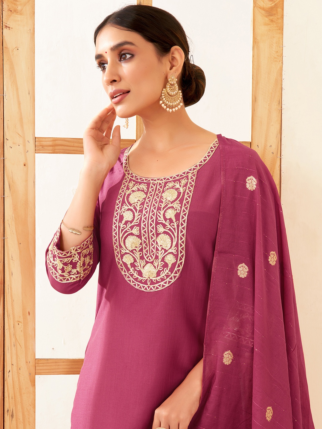 

KALINI Floral Yoke Design Round Neck Straight Kurta With Trousers & Dupatta, Pink