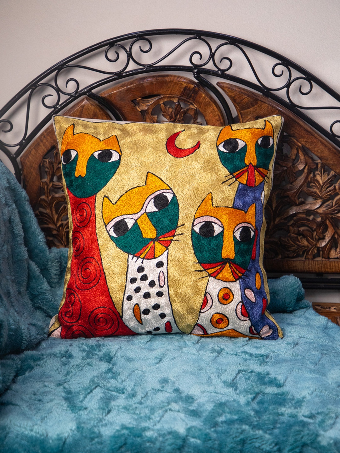 

STUDIOHMK Red & Yellow Kashmiri Embroidered Square Cushion Covers