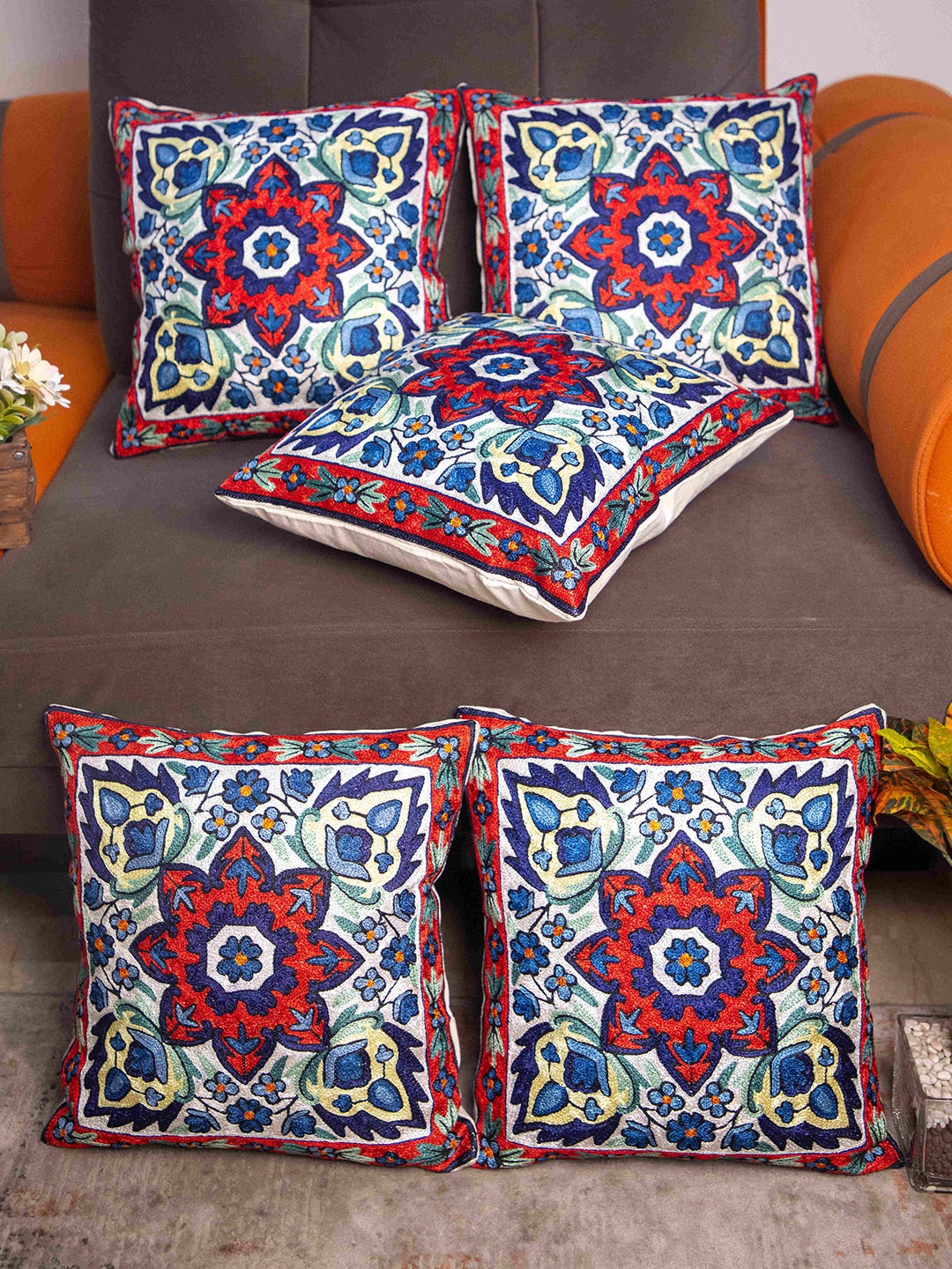 

STUDIOHMK White & Blue Kashmiri Embroidered Square Cushion Covers