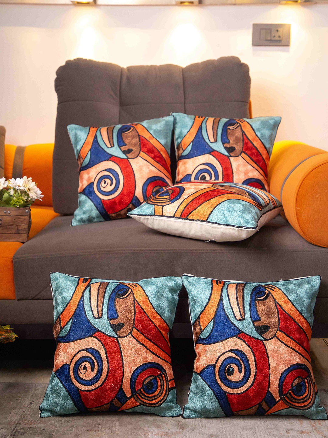 

STUDIOHMK Blue & Orange Kashmiri Embroidered Square Cushion Covers