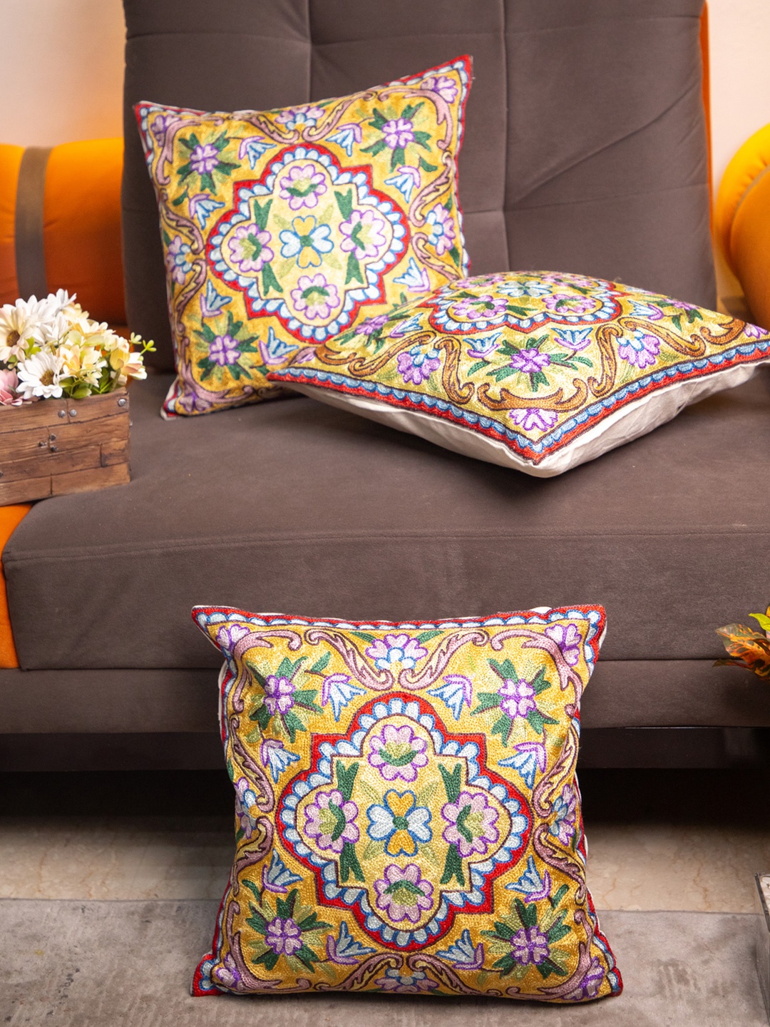 

STUDIOHMK Yellow & Blue Ethnic Motifs Embroidered Square Cotton Linen Cushion Cover